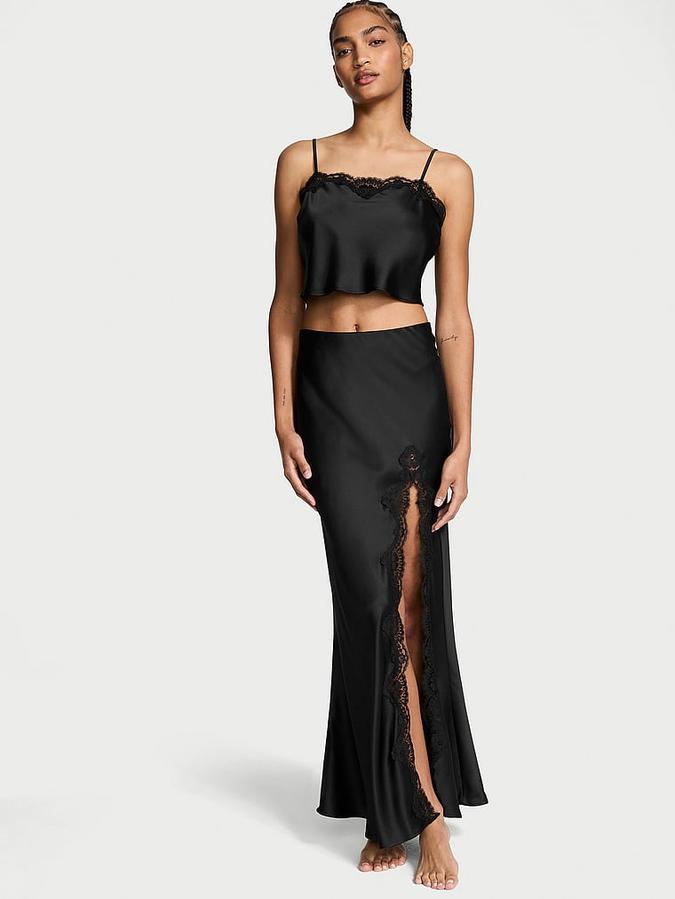 Satin Lace-Trim Cropped Top & Slip Skirt Set image number 0