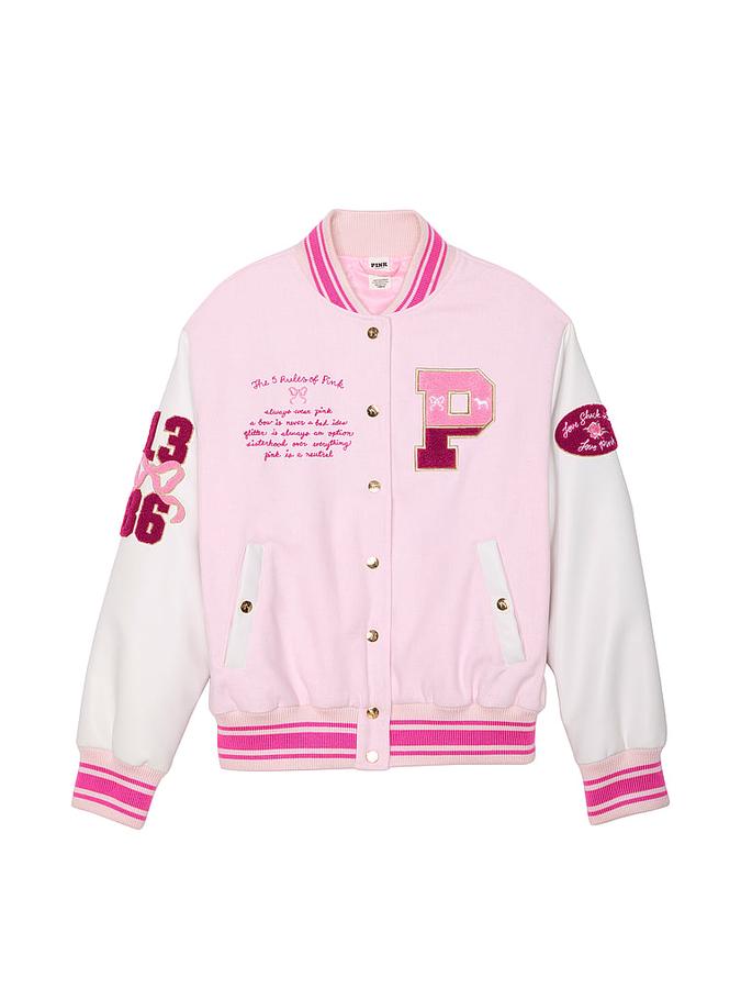 PINK x LoveShackFancy Reissued Boyfriend Varsity Jacket image number 2