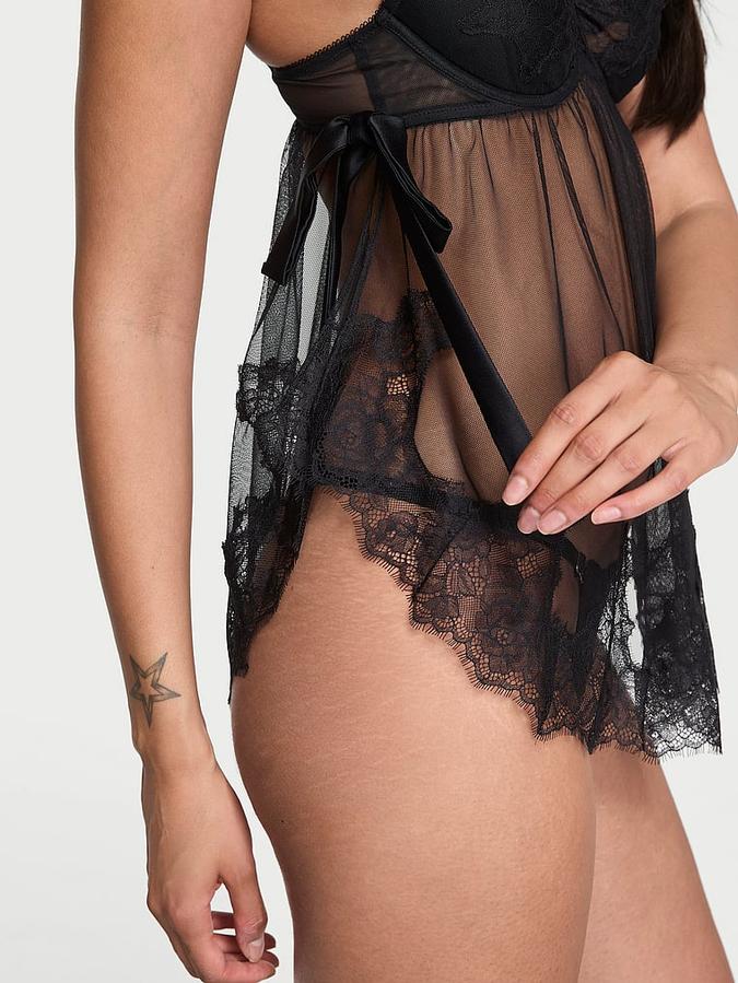 Wicked Sheer Unlined Lace-Trim Babydoll Set image number 2
