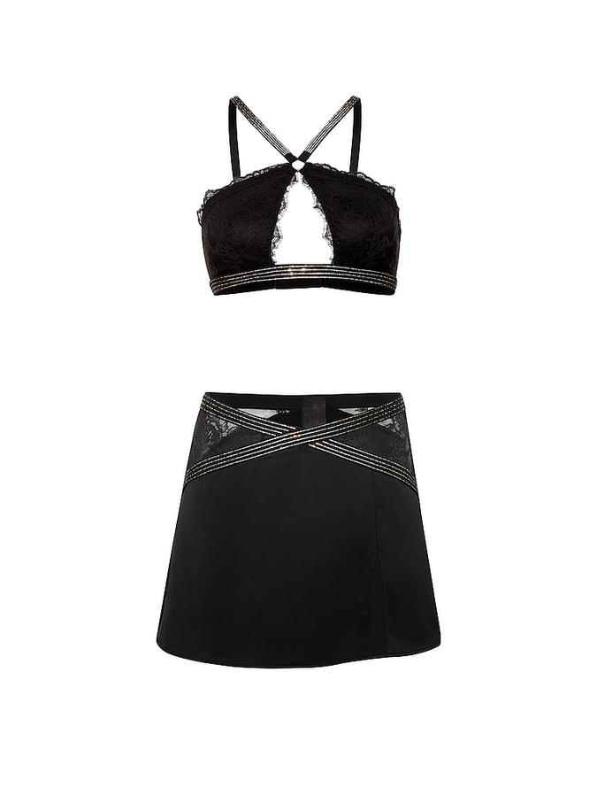 Shine Strap Lace Halter Bralette & Mini Skirt Set image number 2