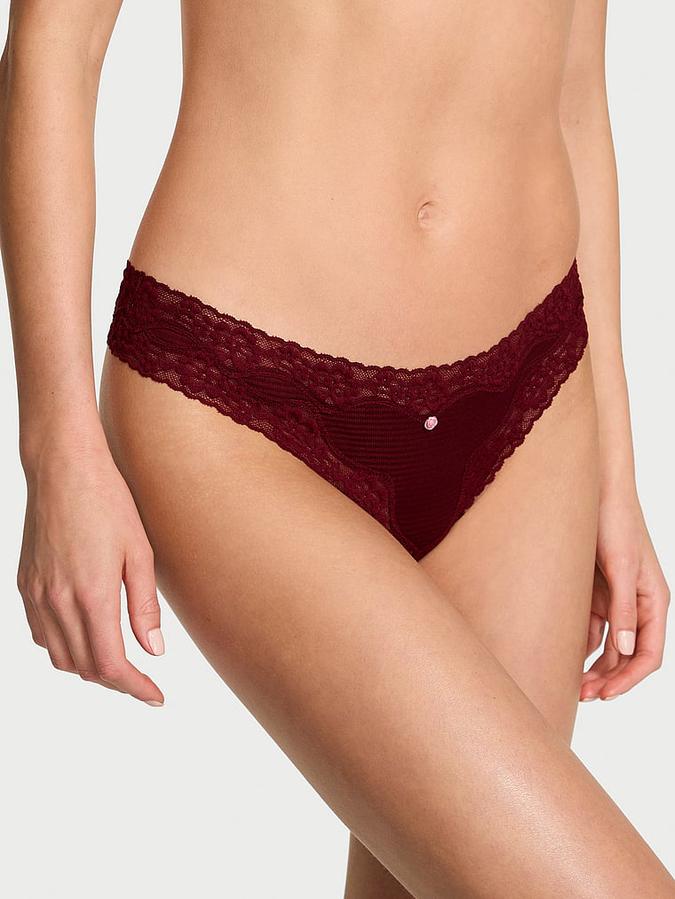 Cotton Shadow Stripe Lace-Waist Thong Panty