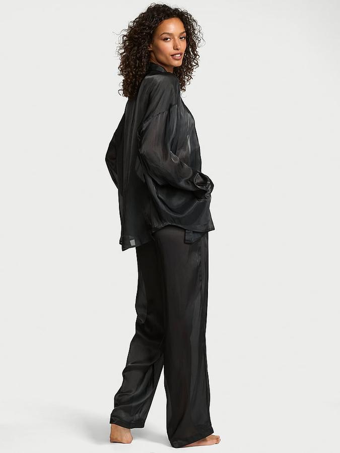 Luxe Sheer Satin Button-Front Long Pajama Set image number 1