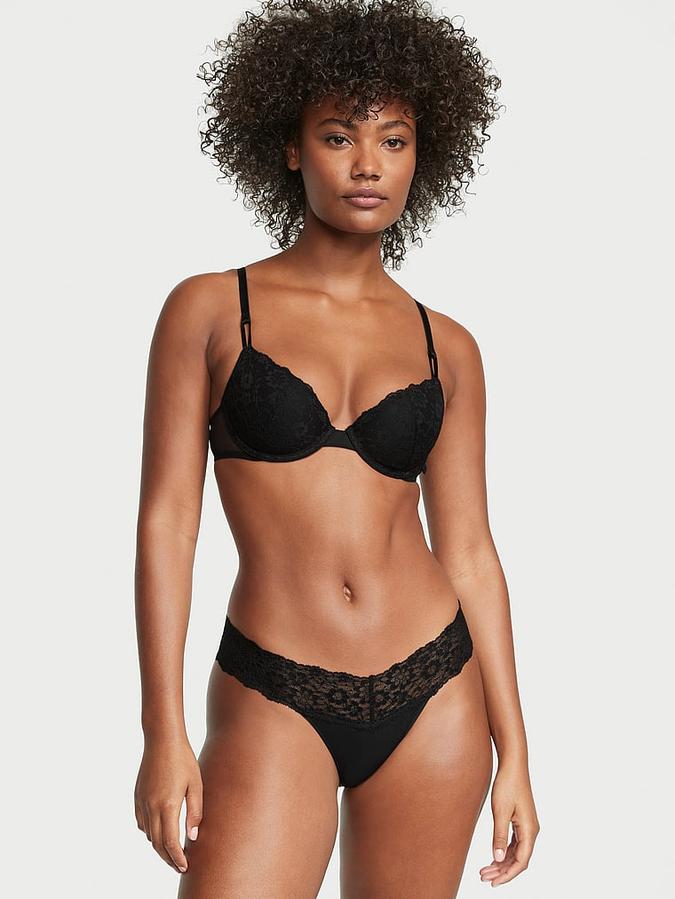 Lace-Waist Cotton Thong Panty image number 0