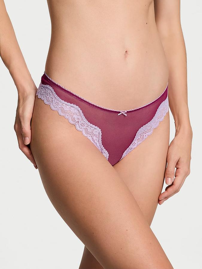 Tease Mesh Lace-Trim High-Leg Thong Panty