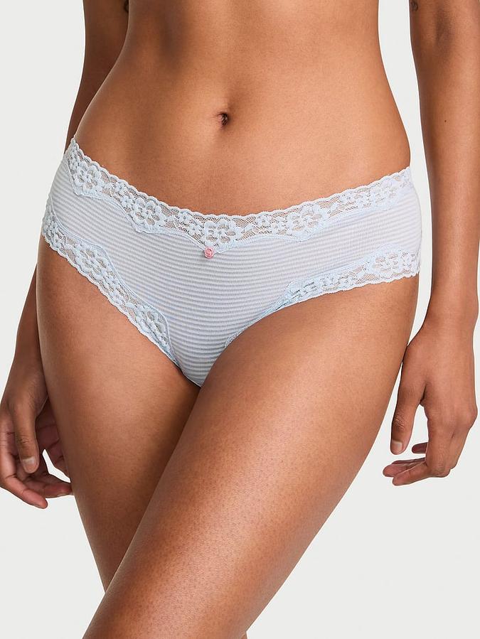 Cotton Shadow Stripe Lace-Waist Cheeky Panty image number 0