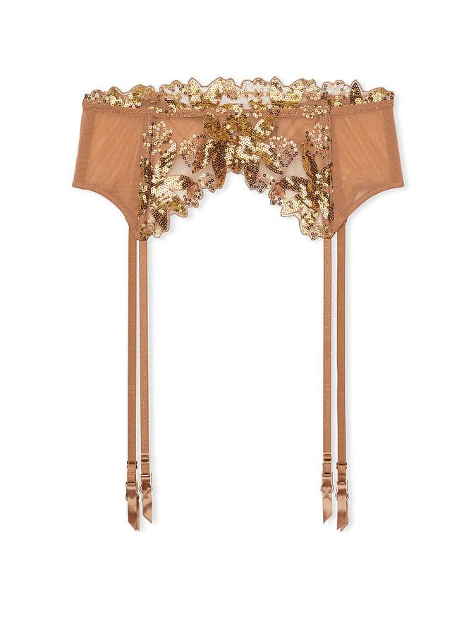 Gold Sequined Ziggy Floral Embroidery Garter Belt image number 0