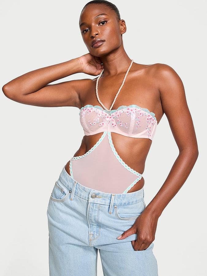 Cherry Blossom Embroidery Pearl Halter Teddy image number 4