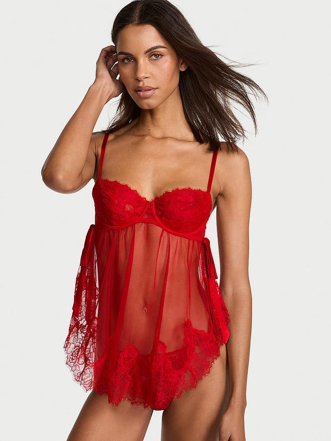Wicked Sheer Unlined Lace-Trim Babydoll Set image number 0