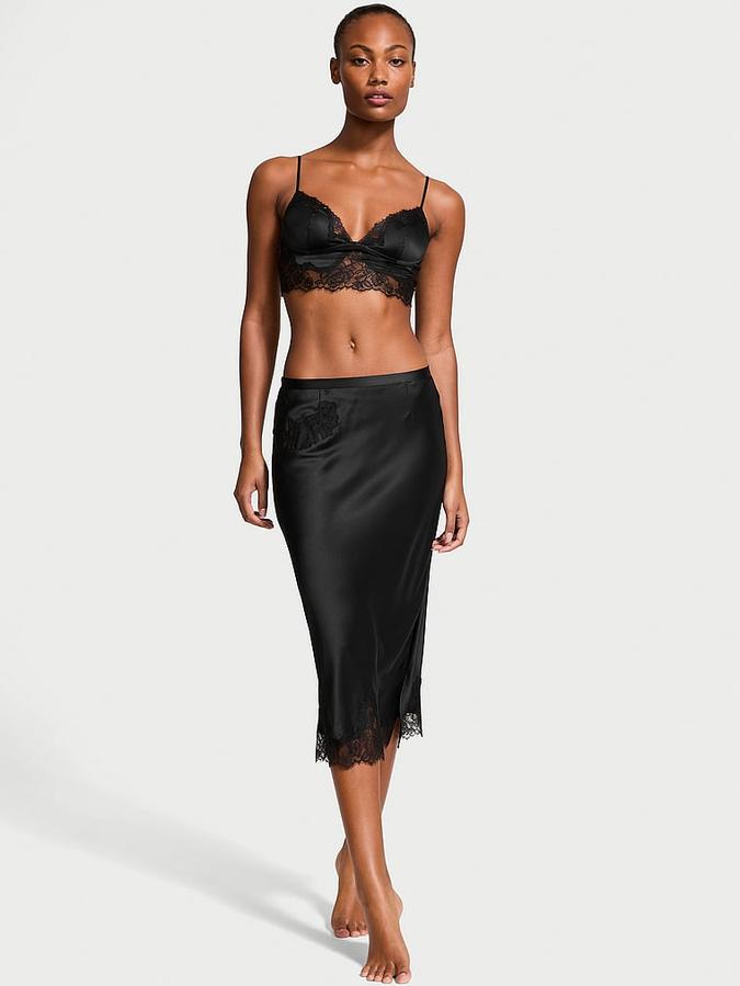 Satin Rose Lace-Trim Bralette & Midi Skirt Set image number 0