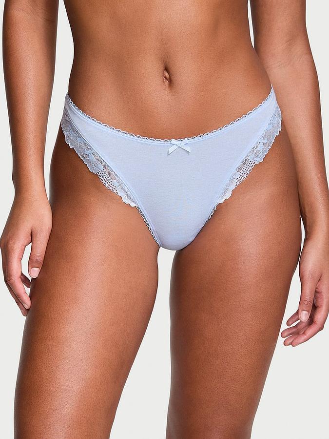 Stretch Cotton Lace-Trim High-Leg Scoop Thong Panty image number 0