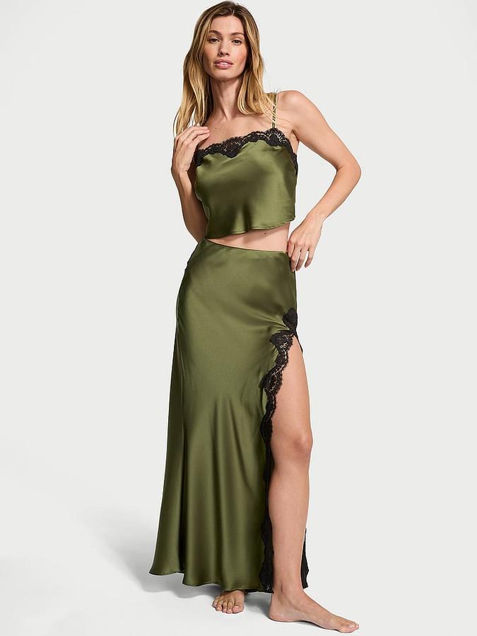 Satin Lace-Trim Cropped Top & Slip Skirt Set