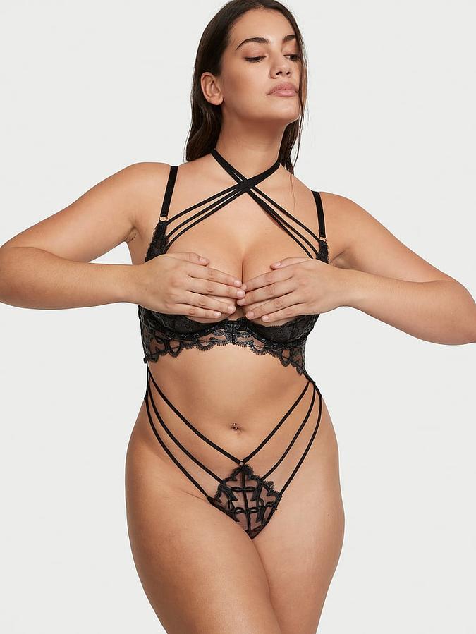 Shimmer Heart Embroidery Open-Cup Strappy Crotchless Playsuit image number 0