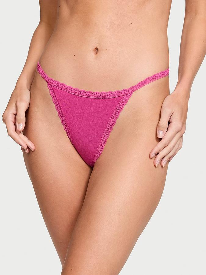 Lace-Trim Cotton V-String Panty image number 0