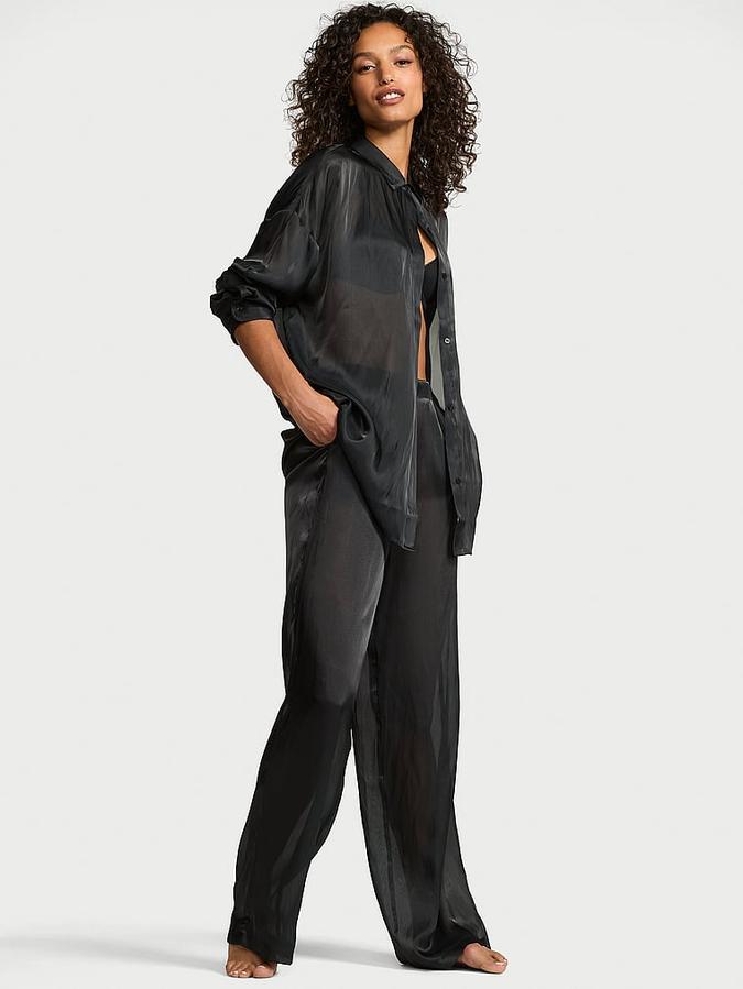 Luxe Sheer Satin Button-Front Long Pajama Set image number 0