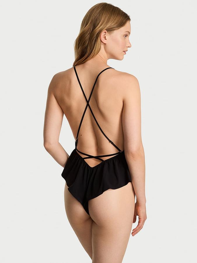 Chiffon Plunge Lace-Up Flutter Romper image number 1