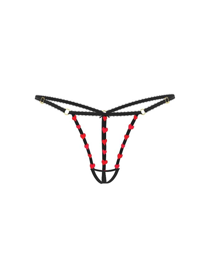 Strappy Heart Embroidery Crotchless V-String Panty image number 2