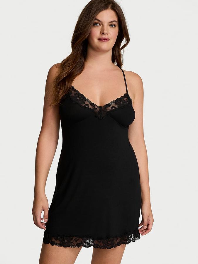 Ribbed Modal & Lace Cross-Back Slip Dress image number 0