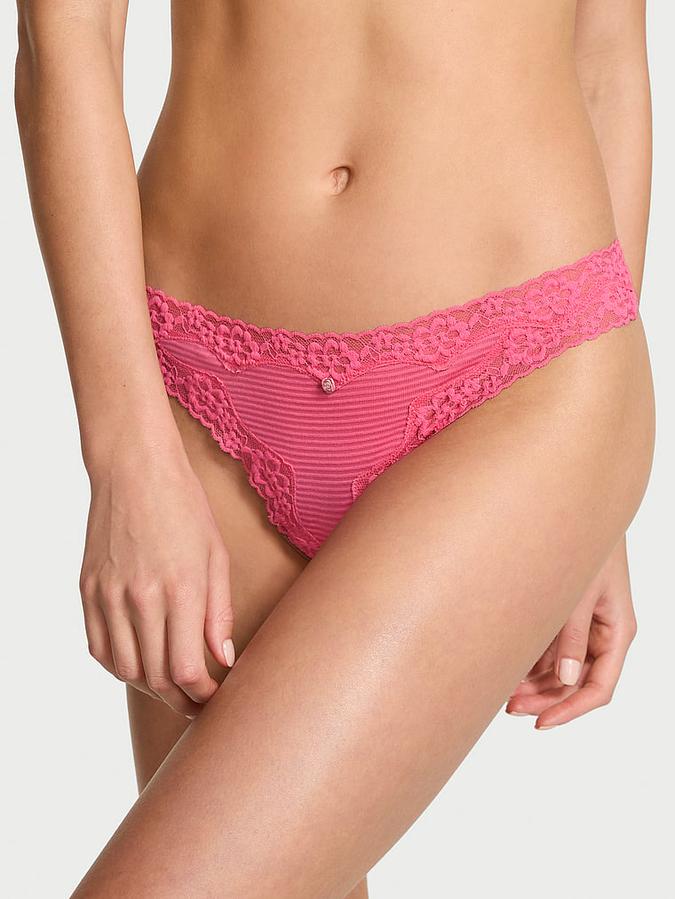 Cotton Shadow Stripe Lace-Waist Thong Panty