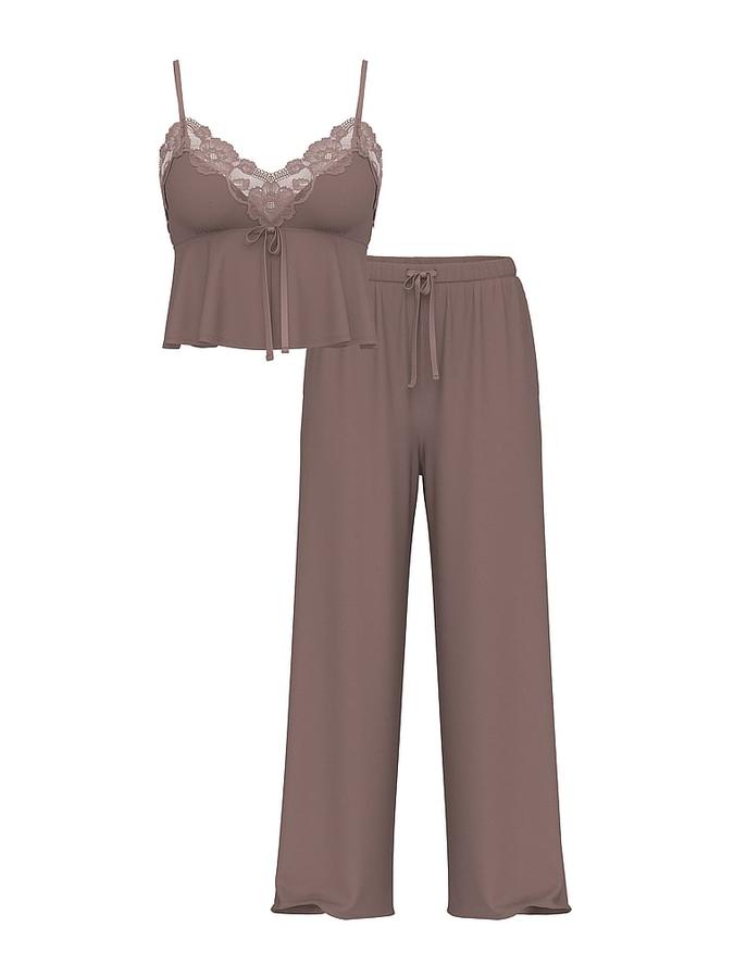 Modal Soft Lace-Trim Cami & Wide-Leg Pant Set image number 2