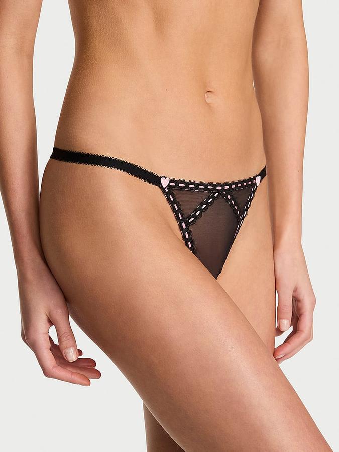 Sheer Ribbon Slot Crotchless String Thong Panty