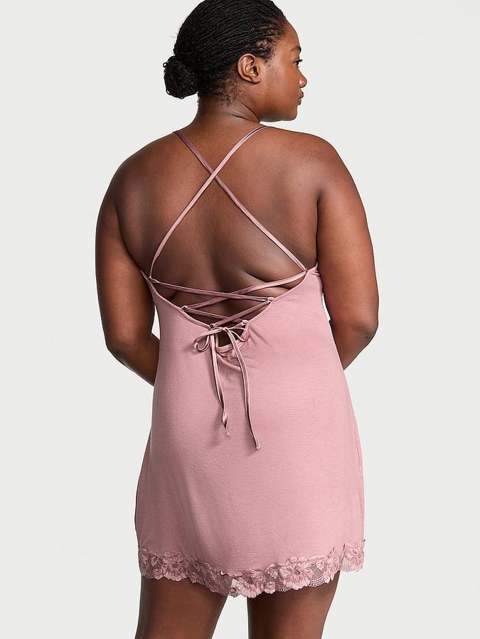 Ribbed Modal & Lace Cross-Back Slip Dress image number 1