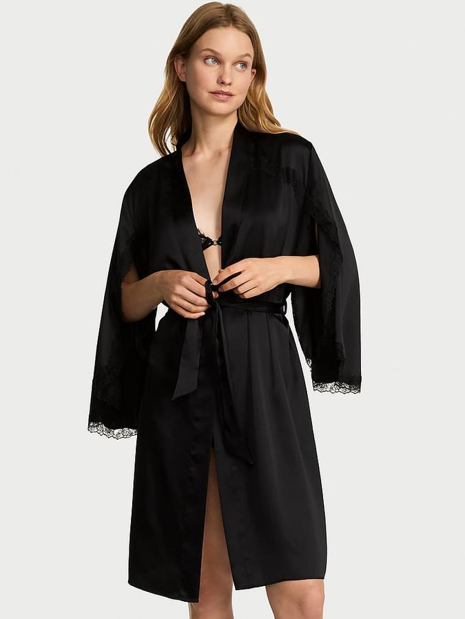 Satin Rose Lace-Trim Midi Robe image number 0