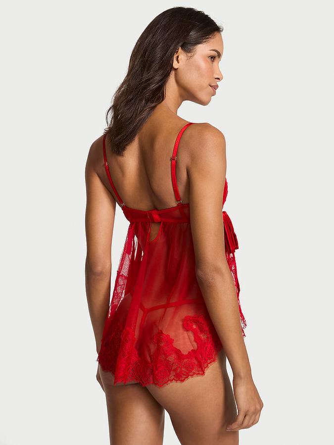 Wicked Sheer Unlined Lace-Trim Babydoll Set