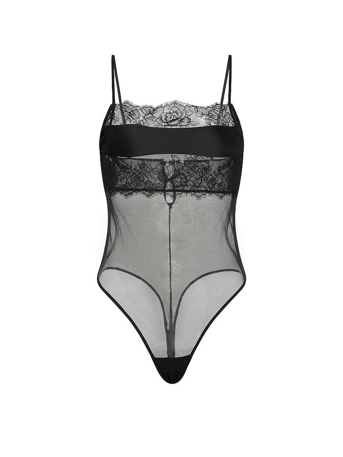 Rose Lace & Mesh Straight-Neck Bodysuit image number 2
