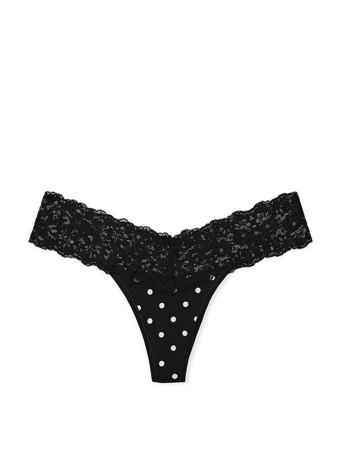 Lace-Waist Cotton Thong Panty image number 1