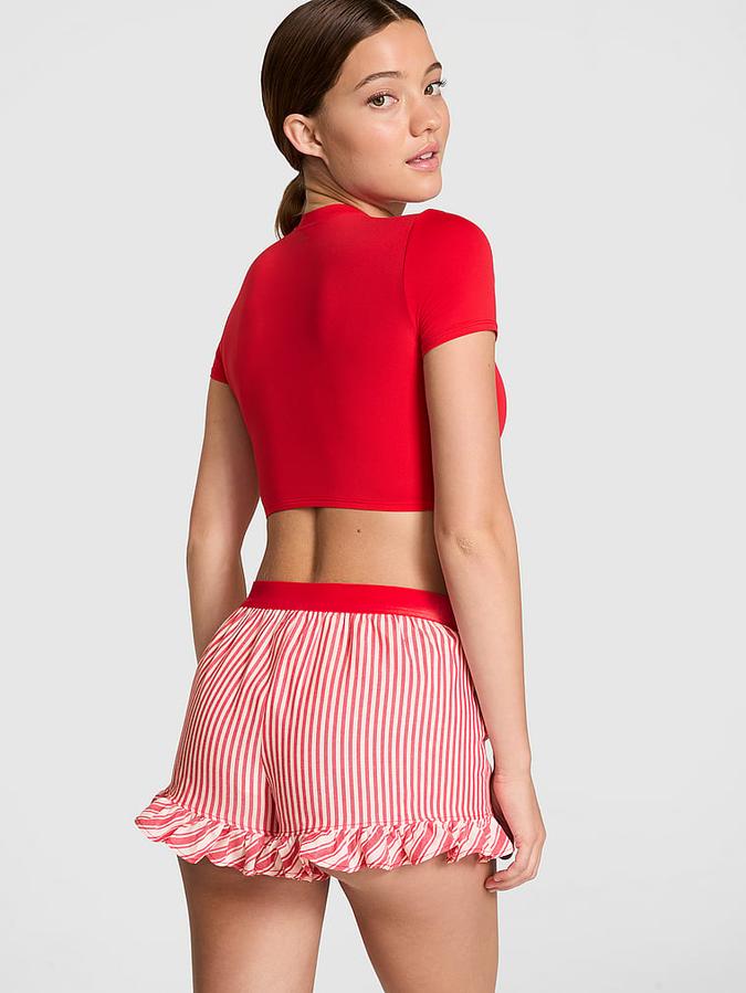 Festive Flannel Velvet-Trim Boxy Pajama Shorts image number 1