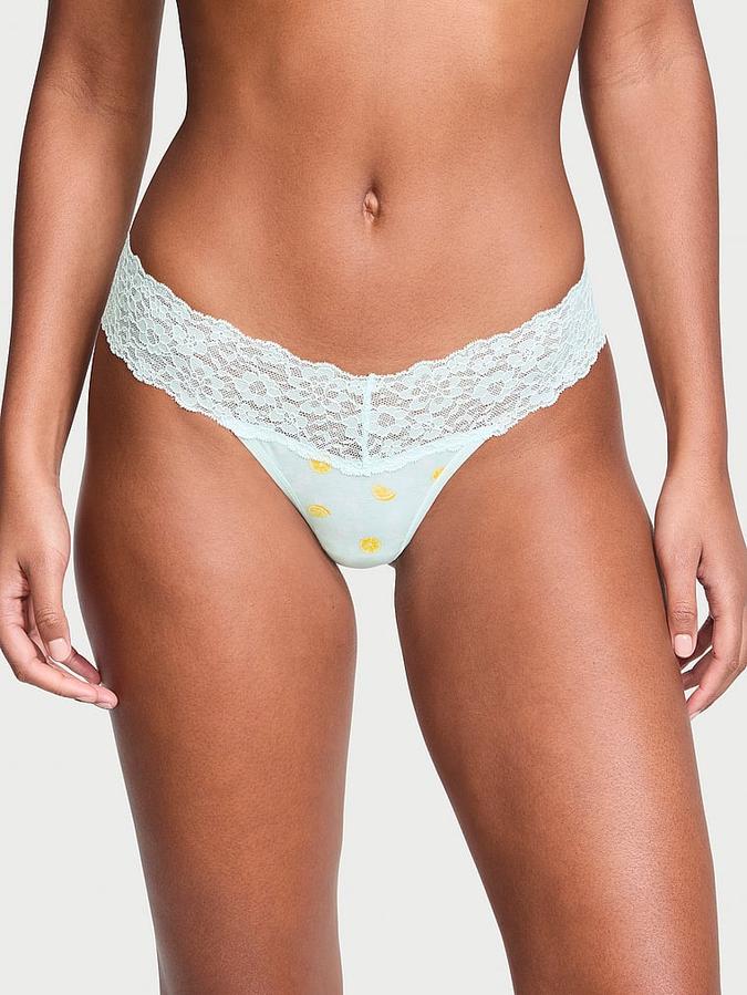 Lace-Waist Cotton Thong Panty image number 0
