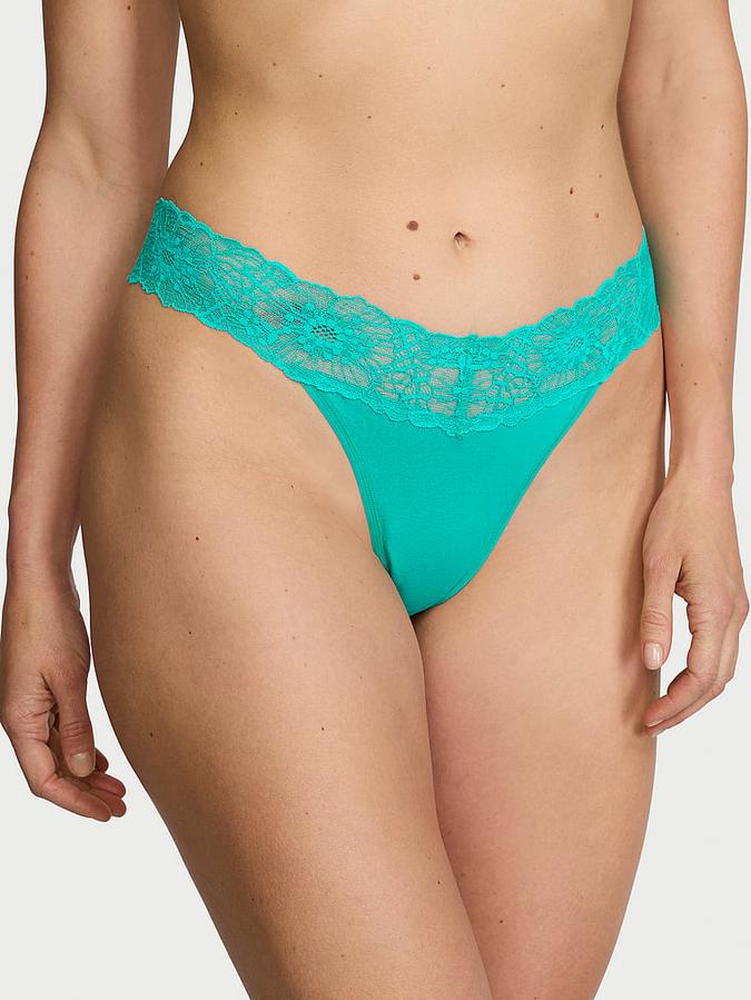 Lace-Waist Cotton Thong Panty image number 0