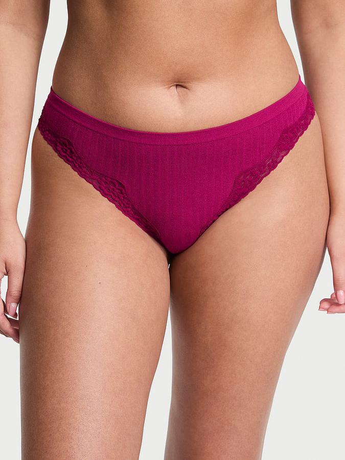 Seamless Rib Lace-Trim Thong Panty