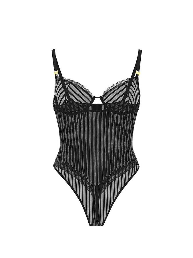 Tease Sheer Stripe Lace-Trim Cupped Bodysuit image number 2