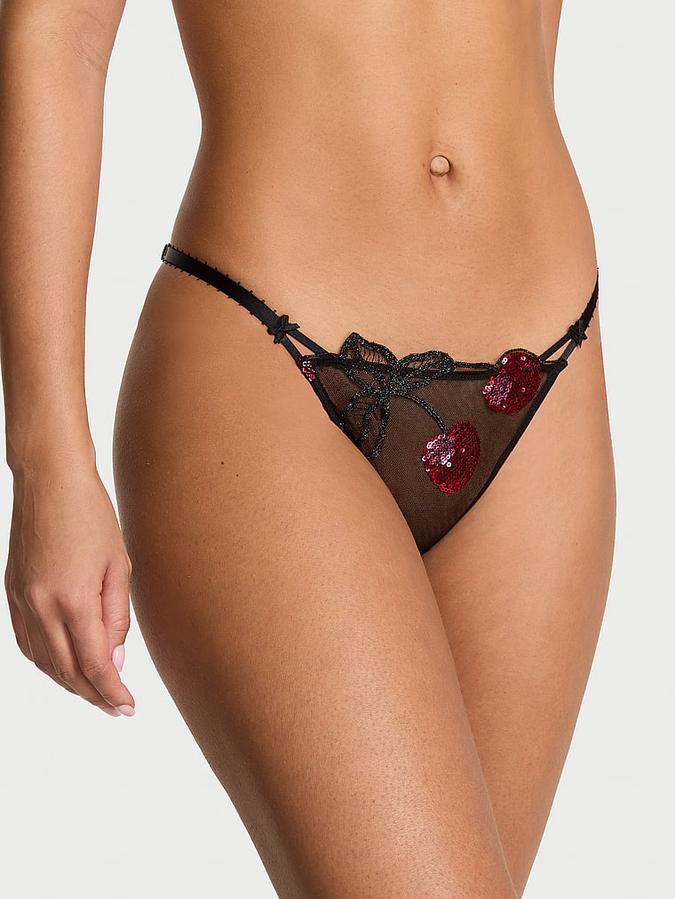 Cherry Embroidery Sequin Shine Thong Panty