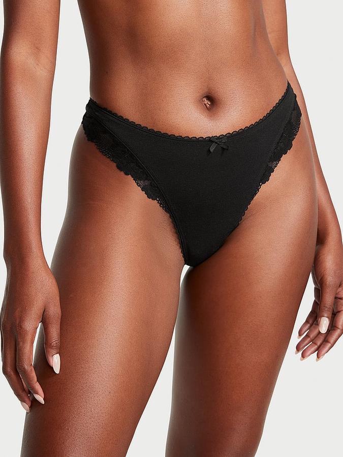 Stretch Cotton Lace-Trim High-Leg Scoop Thong Panty image number 0