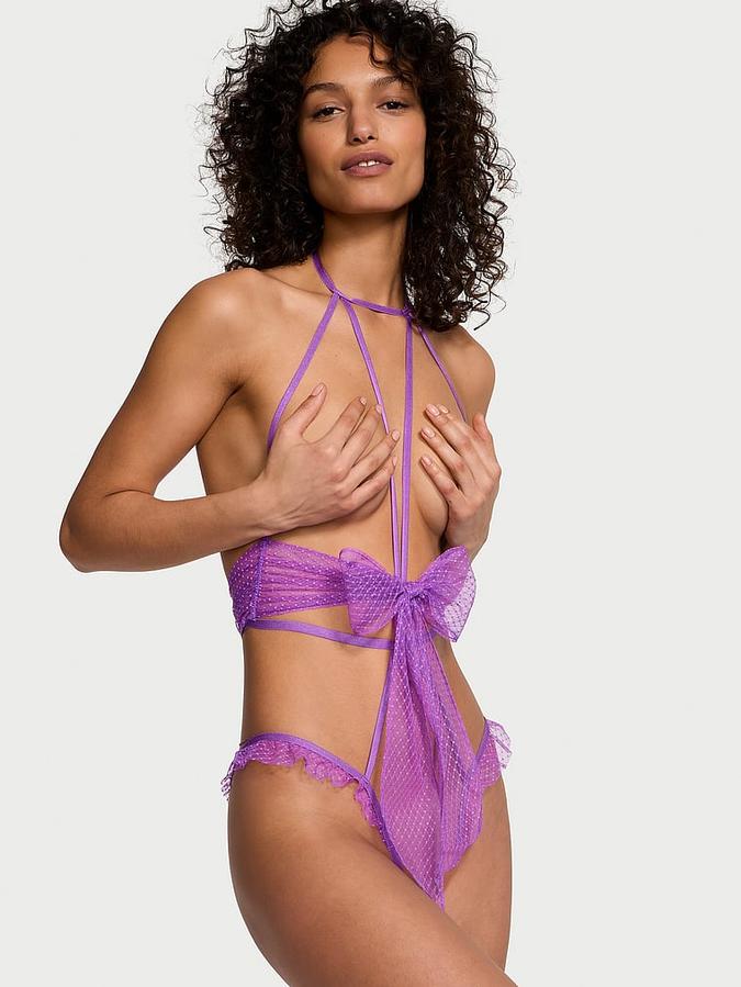 Bow Mesh Open-Cup Crotchless Playsuit image number 0