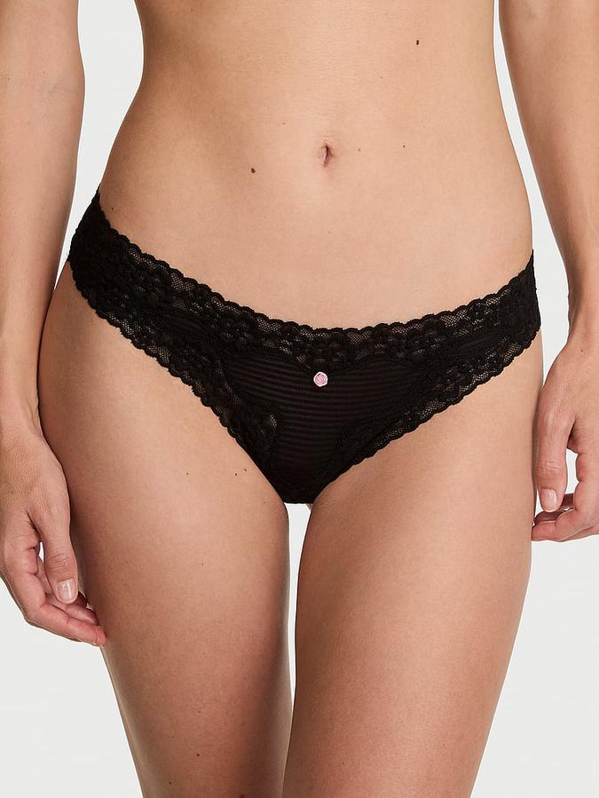Cotton Shadow Stripe Lace-Waist Thong Panty