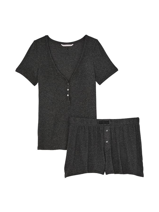 Ribbed Modal Short-Sleeve Henley & Boxer Shorts Set image number 2
