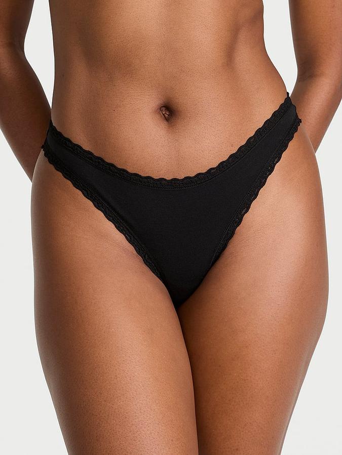Stretch Cotton Lace-Waist Thong Panty image number 0