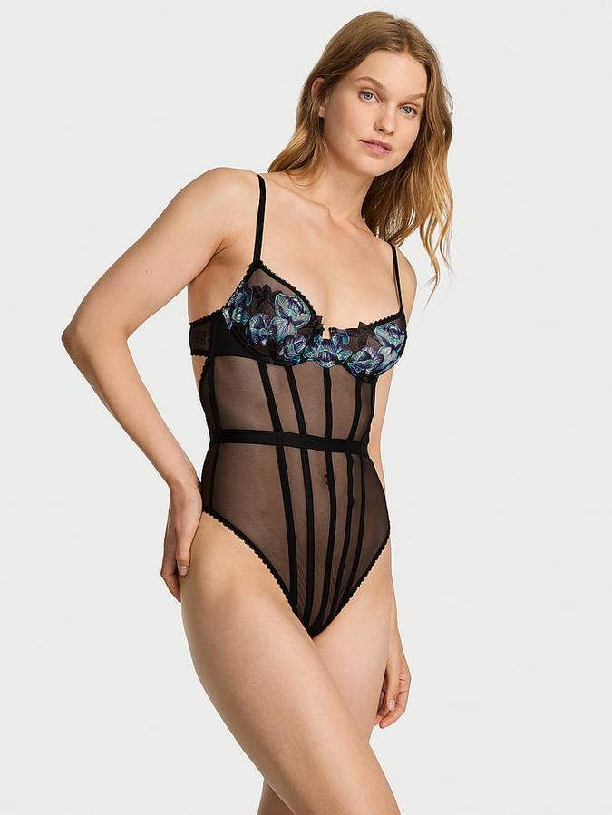Electric Orchid Motif/Embroidery  Sheer Bodysuit image number 0