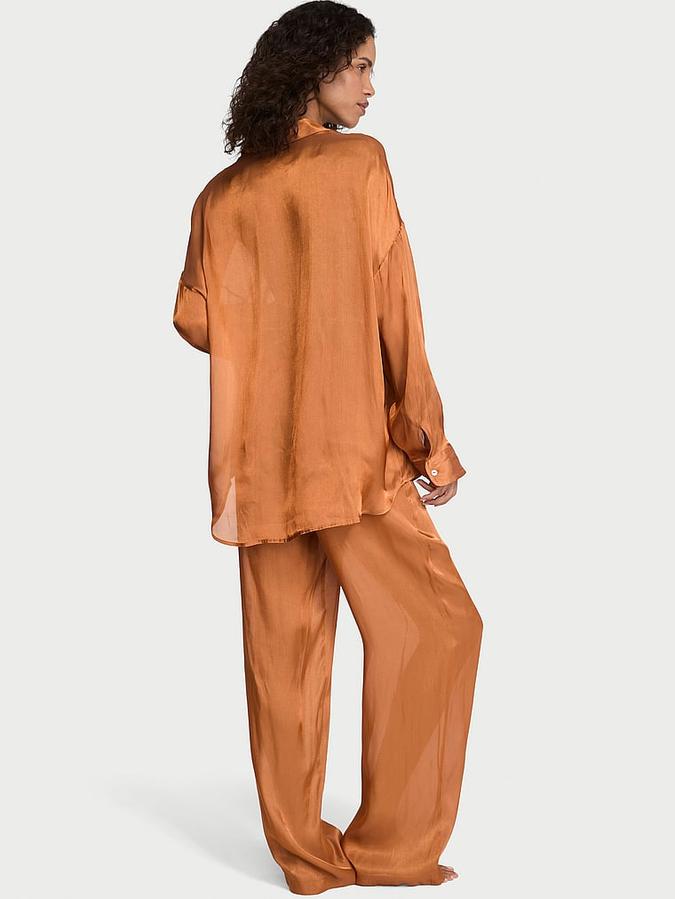 Luxe Sheer Satin Button-Front Long Pajama Set image number 1