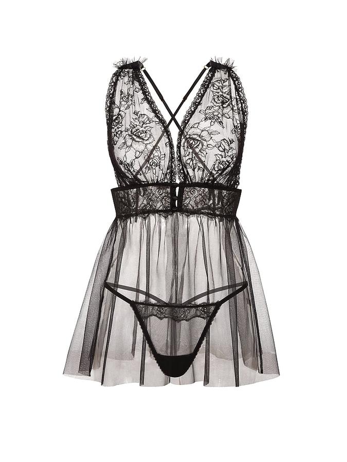 Rose Lace Plunge Babydoll Set image number 2
