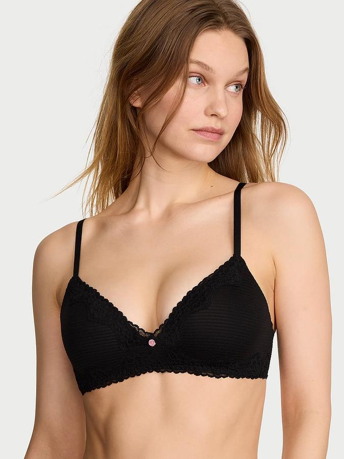 Cotton Shadow Stripe Lace-Trim Lightly Lined Wireless Bra