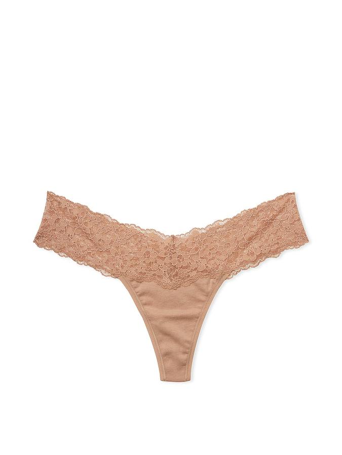 Lace-Waist Cotton Thong Panty image number 1