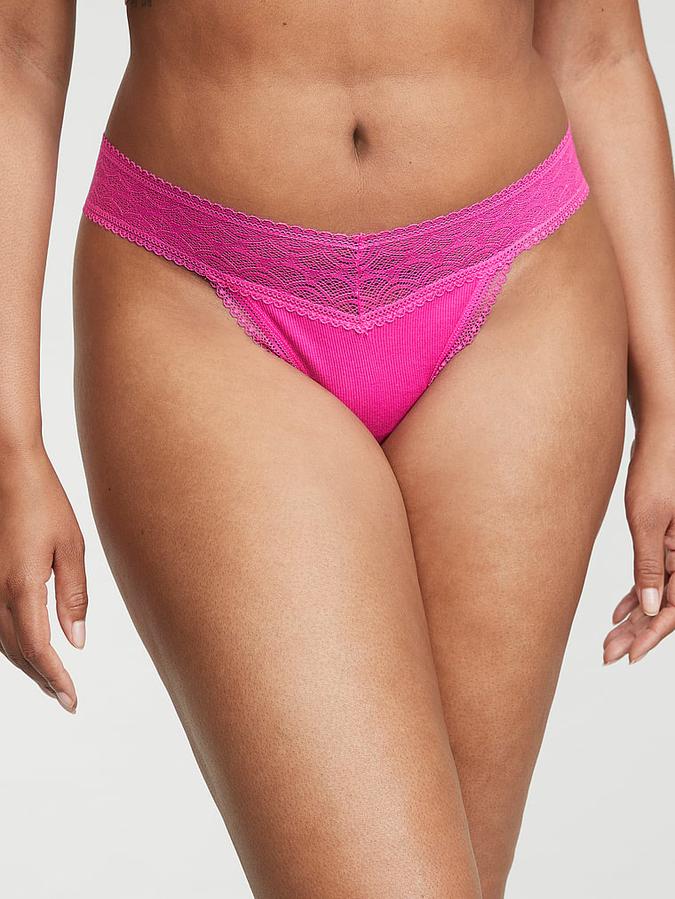 Lace Waist Cotton Ribbed Thong Panty