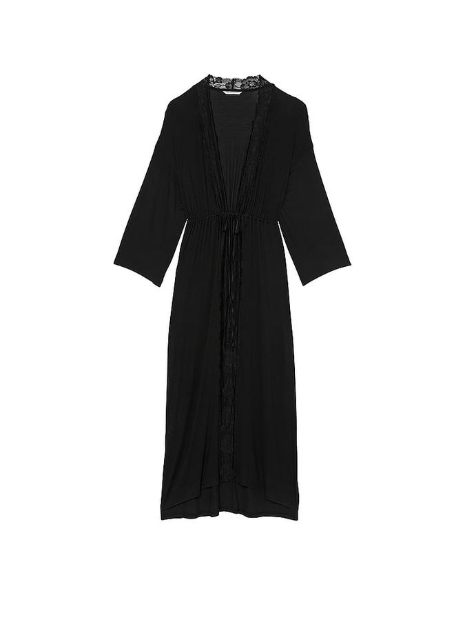 Ribbed Modal Lace-Trim Long Robe image number 2