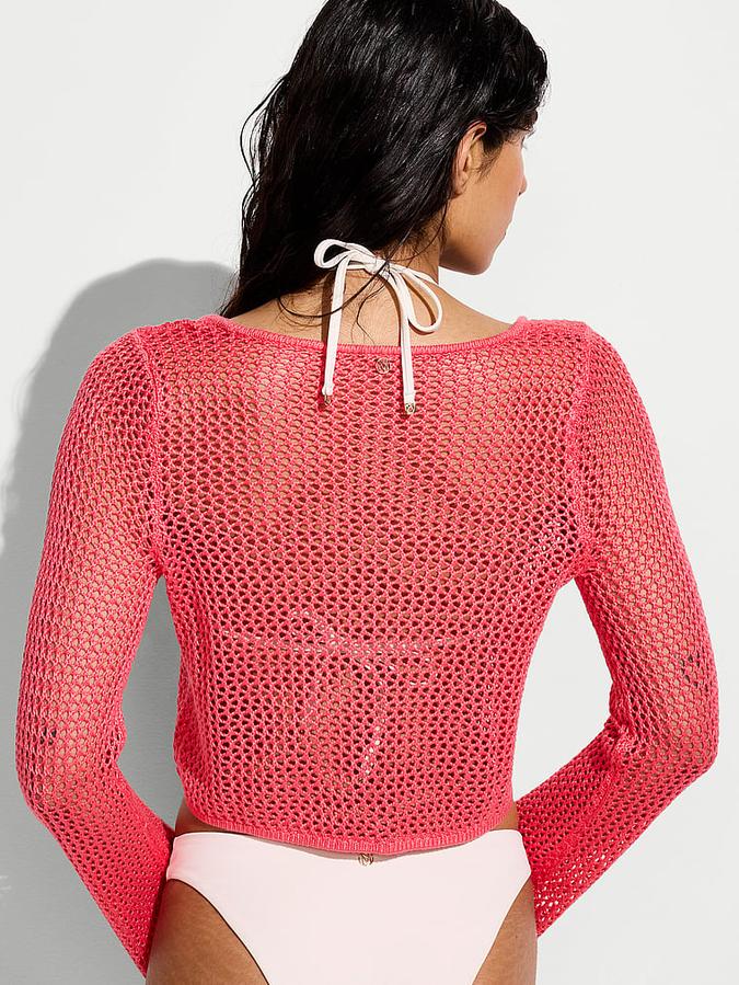 Beachwear Crochet Tie-Front Long-Sleeve Top