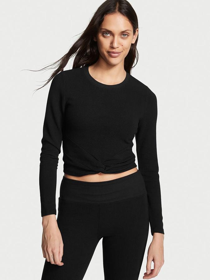 Double Waffle Knit Twist-Front Long-Sleeve Top image number 0
