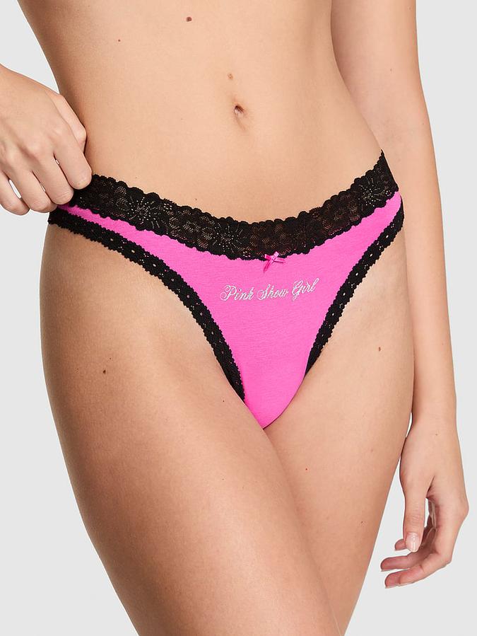 Cotton Lace-Trim High-Leg Thong Panty